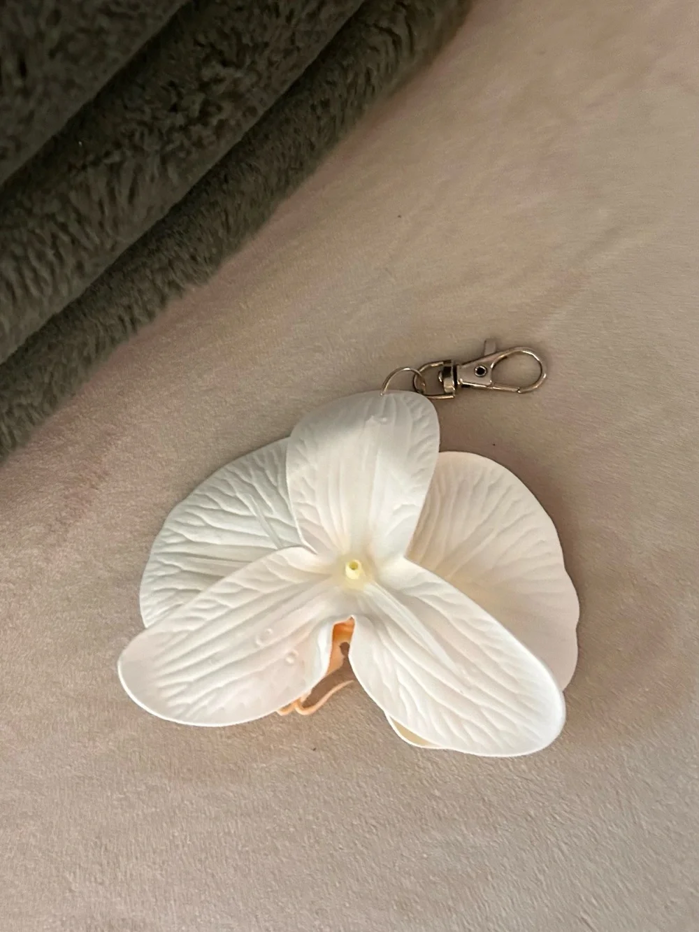 White Orchid Keychain Charm with Peach Accent